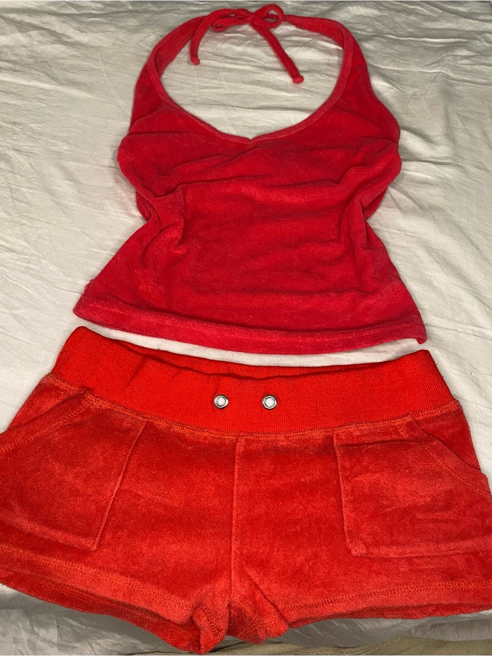 Red terry cloth Halter Tank and Shorts Set